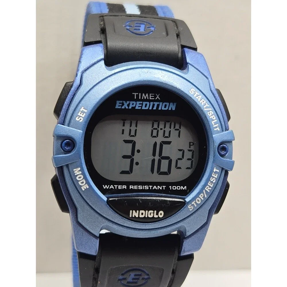 Timex Expedition Digital CAT Blue Nylon Alarm Chronograph 100M Watch New Battery